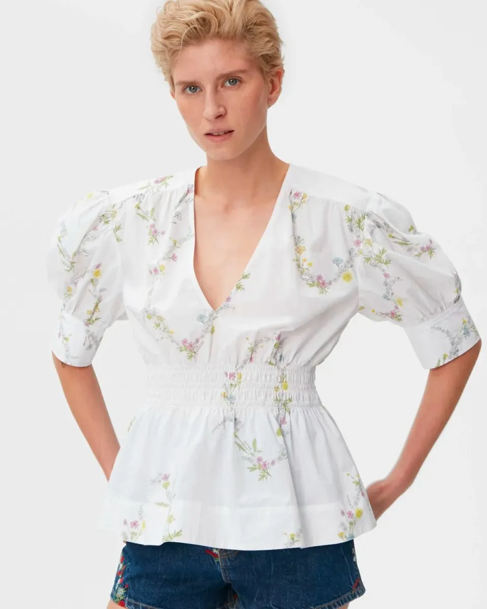Cotton V-neck Smock Blouse - Bright White