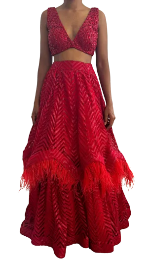 Crimson Red Feathered and Sequined Lehenga