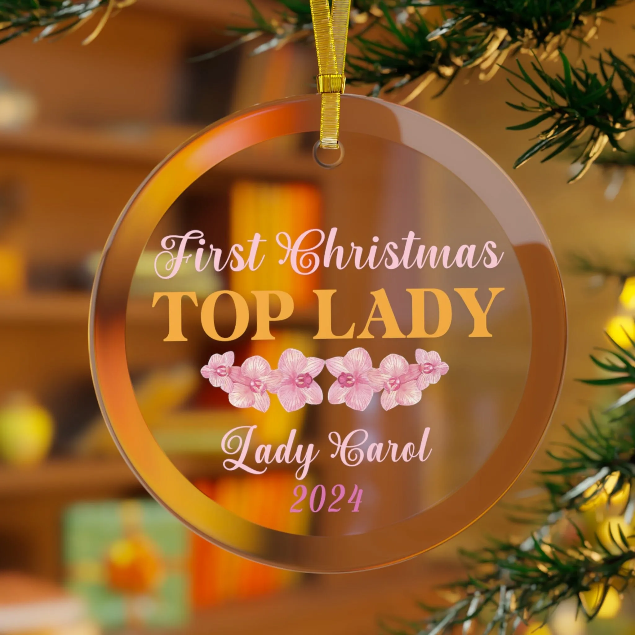Custom Pink and Gold First Christmas Top Lady Christmas Ornament