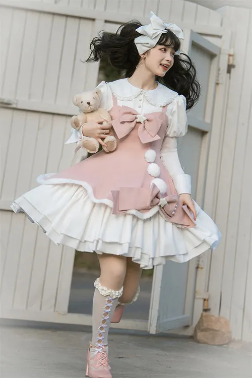 Cute Girl Doll Collar Hair Ball Christmas Princess Sweet Lolita JSK Dress Full Set