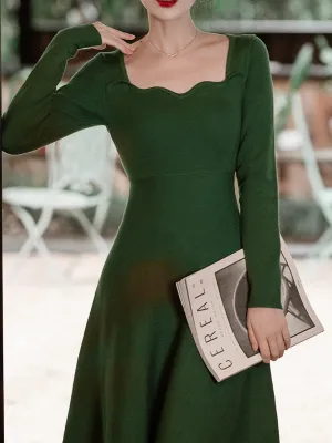 Dark Green The Marvelous Mrs.Maisel Same Style Long Sleeve Turtleneck Sweater Swing Dress