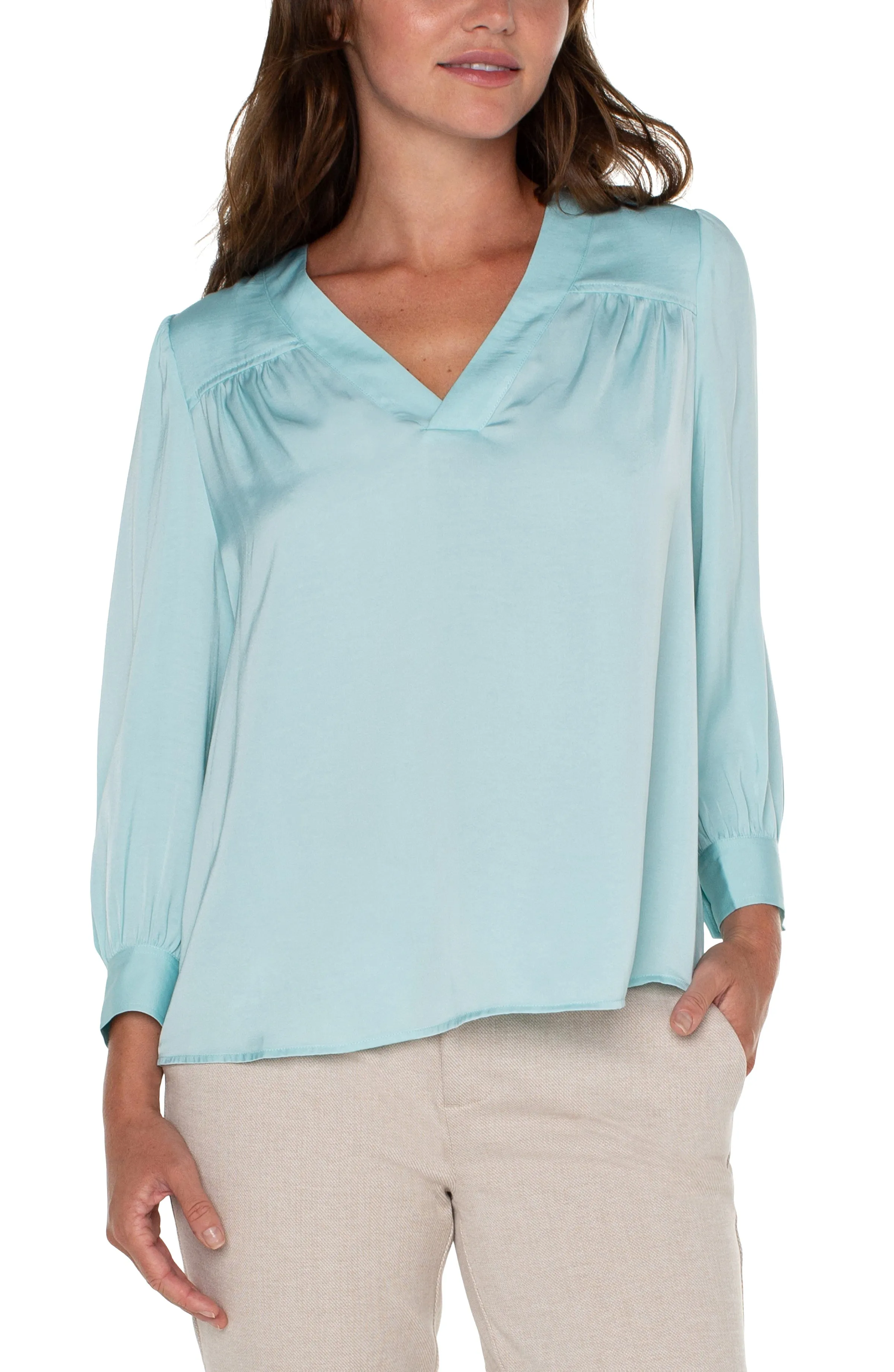 Deep V Neck Woven Pop Over Blouse w Long Slvs