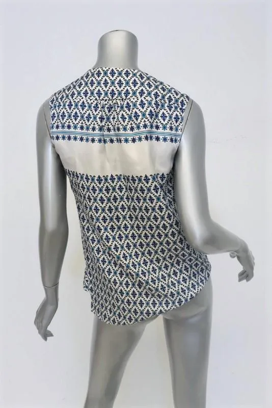 Derek Lam Top White/Blue Floral Print Silk Twill Size 2 Sleeveless V-Neck Blouse