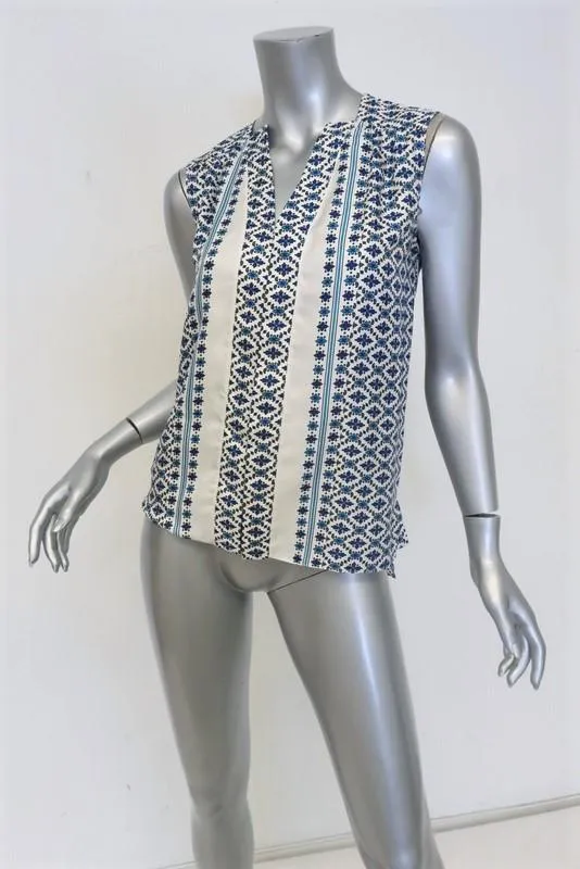 Derek Lam Top White/Blue Floral Print Silk Twill Size 2 Sleeveless V-Neck Blouse
