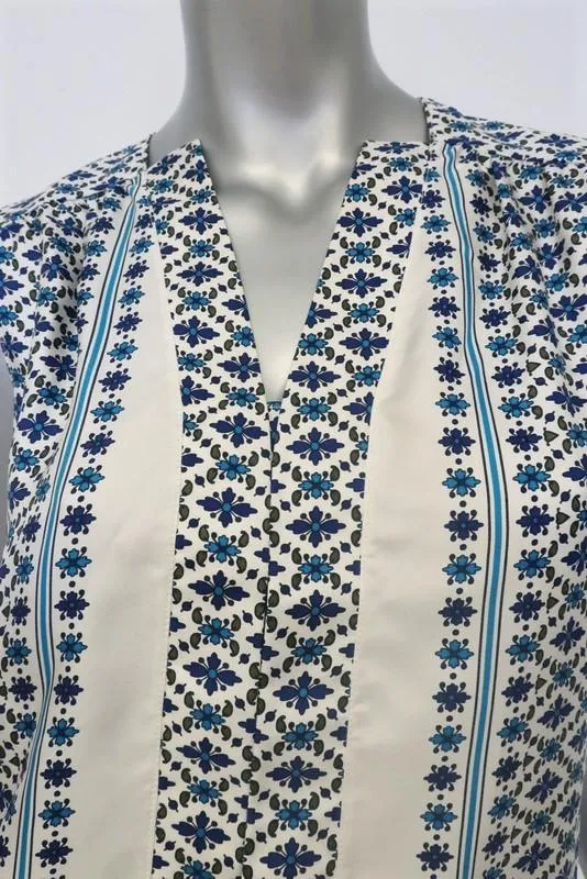 Derek Lam Top White/Blue Floral Print Silk Twill Size 2 Sleeveless V-Neck Blouse