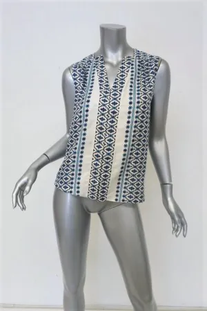 Derek Lam Top White/Blue Floral Print Silk Twill Size 2 Sleeveless V-Neck Blouse