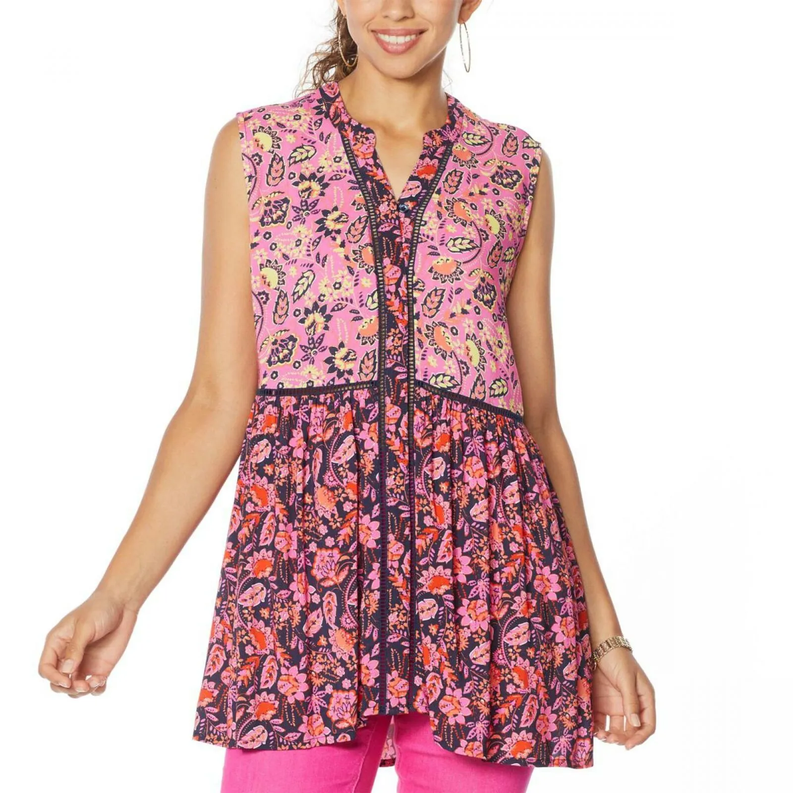 DG2 by Diane Gilman Women's Mixed Print Button Down Tunic Top