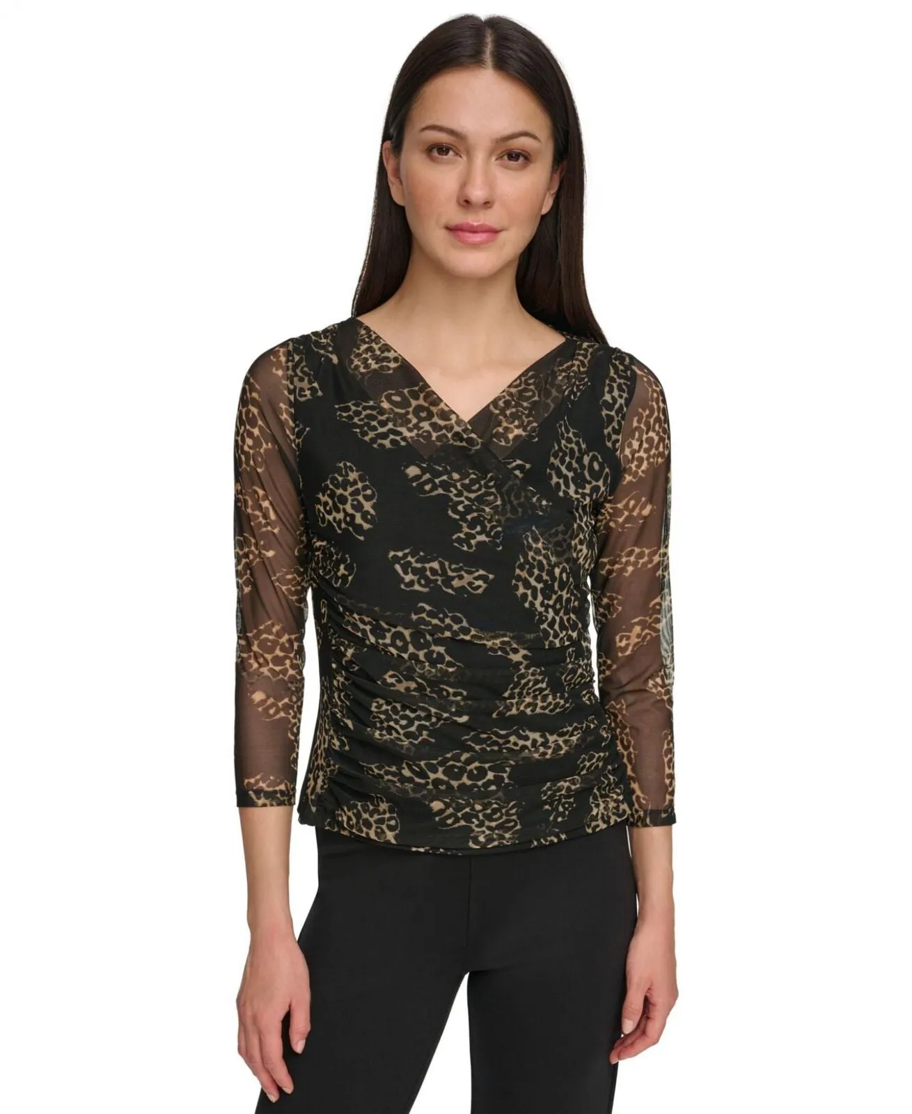 DKNY Women's 3/4-Sleeve Printed Mesh V-Neck Top P33HVRIS