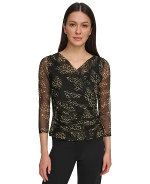 DKNY Women's 3/4-Sleeve Printed Mesh V-Neck Top P33HVRIS