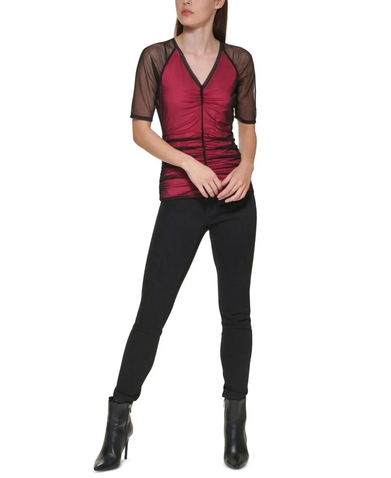 DKNY Womens Ruched V-Neck Top P2BH7MEO