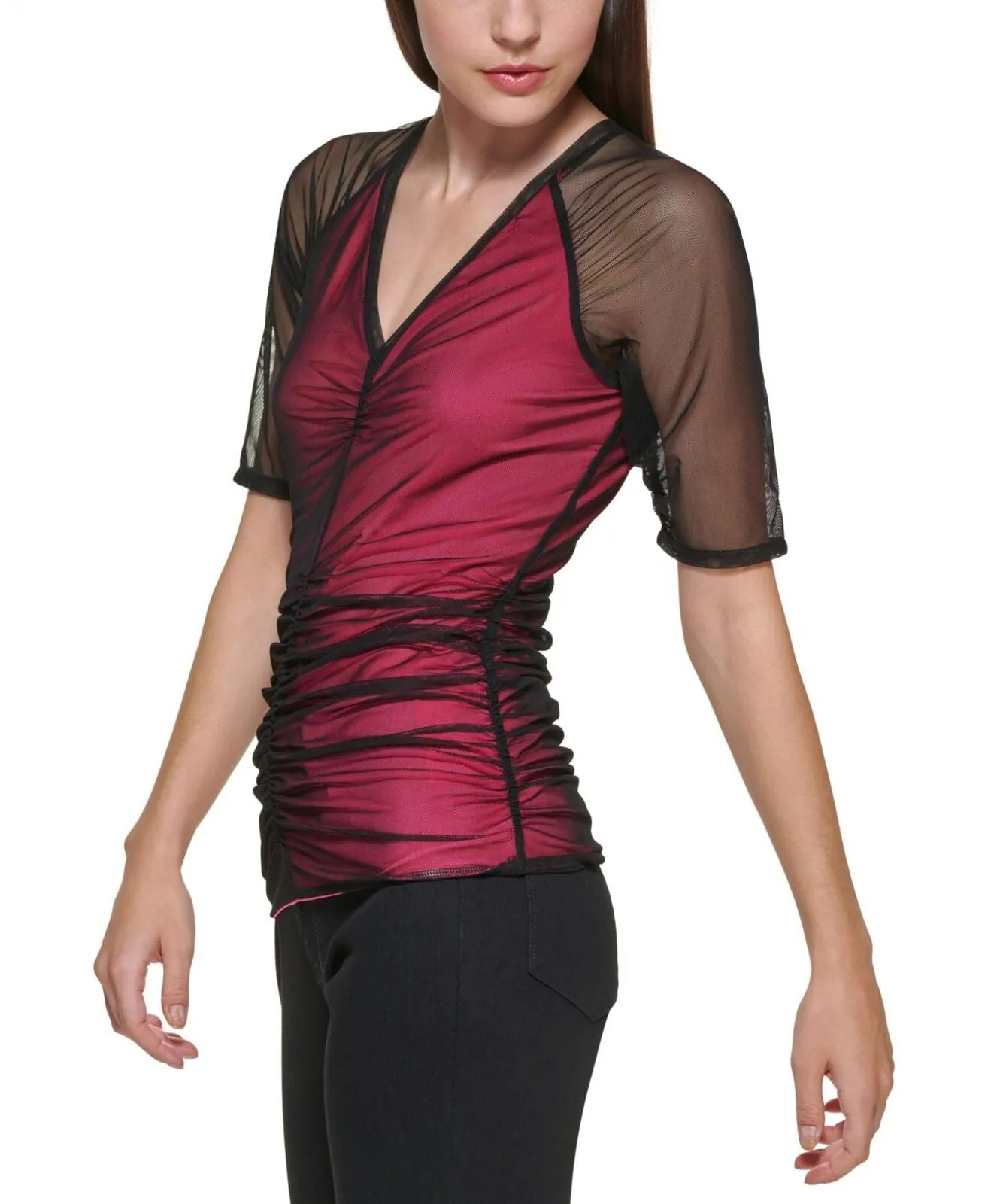 DKNY Womens Ruched V-Neck Top P2BH7MEO