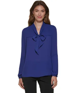 DKNY Women's V-Neck Tie-Detail Long-Sleeve Blouse UG2TY102 Cadet Blue XS