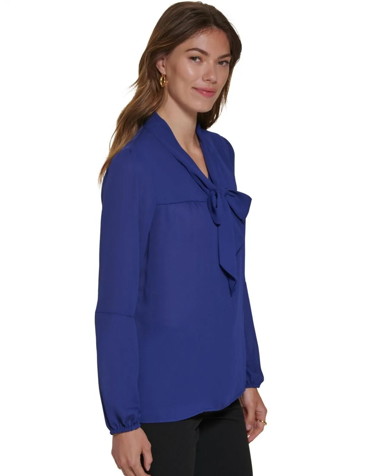 DKNY Women's V-Neck Tie-Detail Long-Sleeve Blouse UG2TY102 Cadet Blue XS