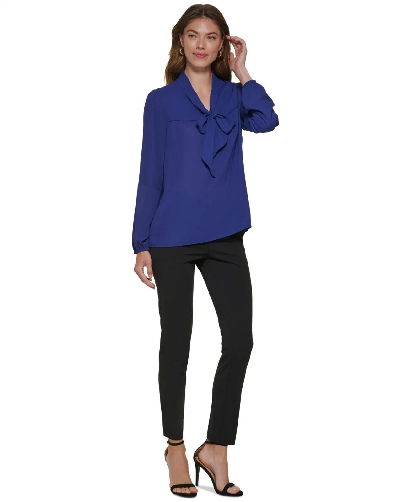 DKNY Women's V-Neck Tie-Detail Long-Sleeve Blouse UG2TY102 Cadet Blue XS