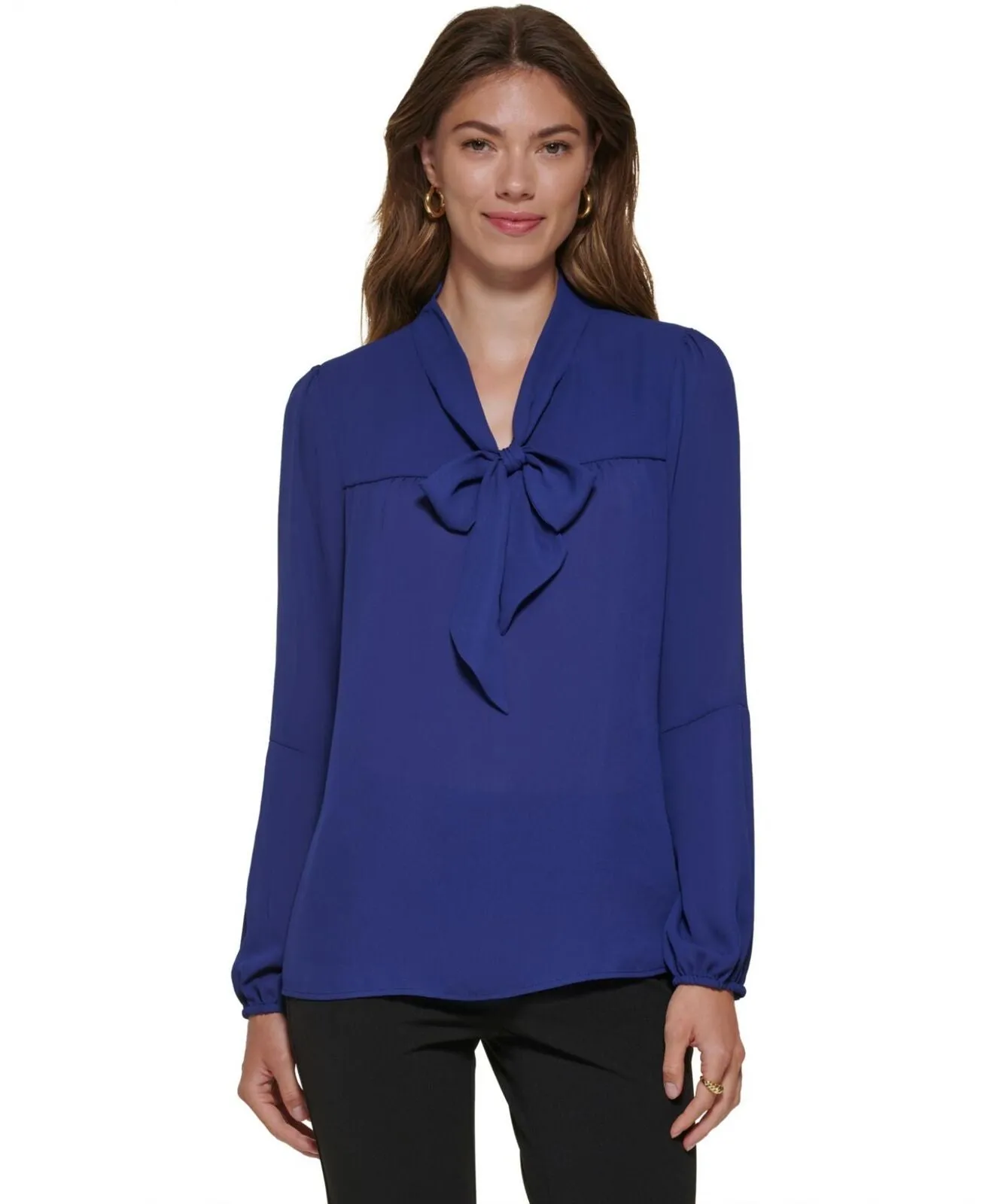 DKNY Women's V-Neck Tie-Detail Long-Sleeve Blouse UG2TY102 Cadet Blue XS