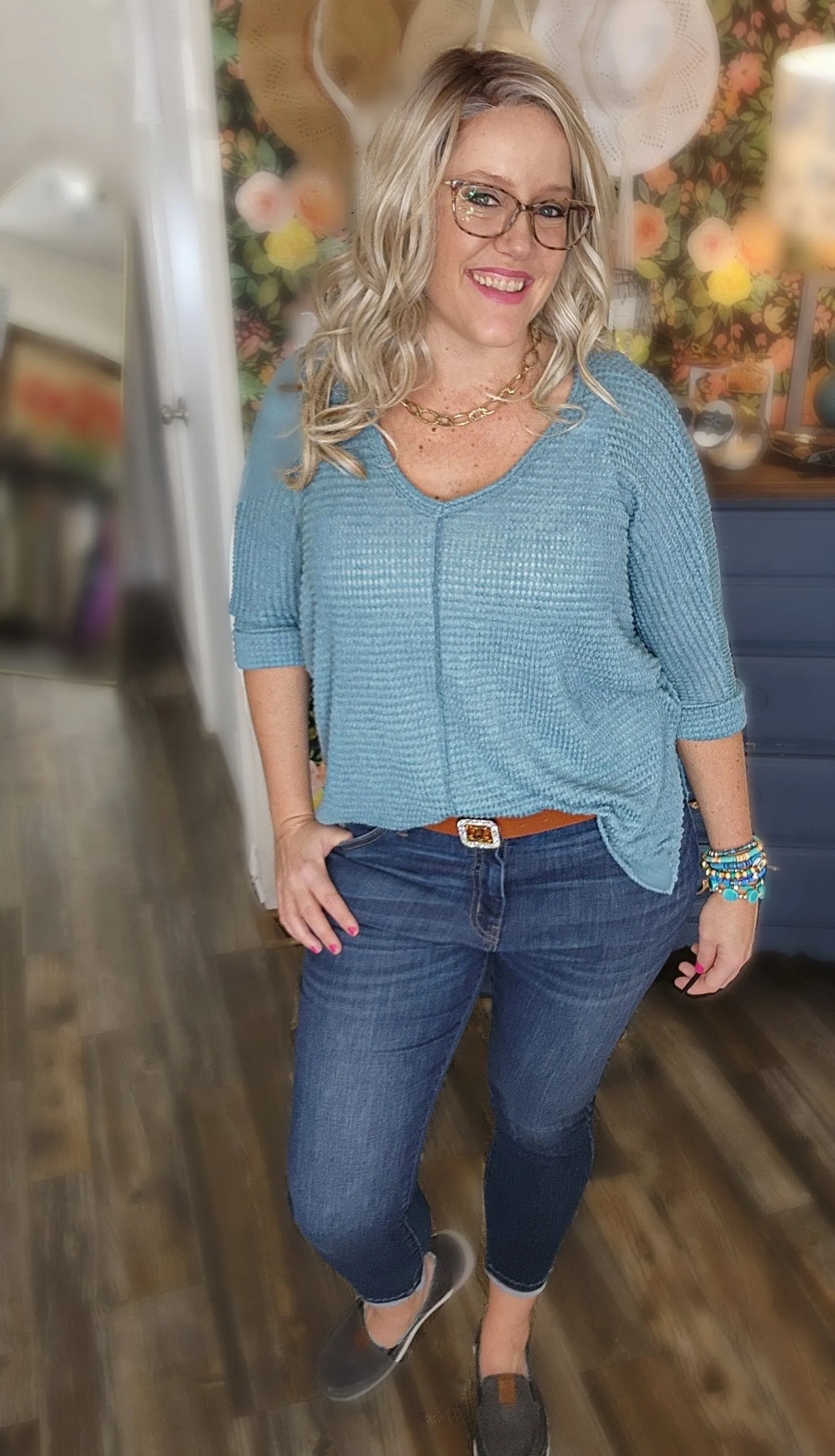 Dolly 3/4 Sleeve Loose Knit Blouse Sm - 3XL in Teal * on sale *