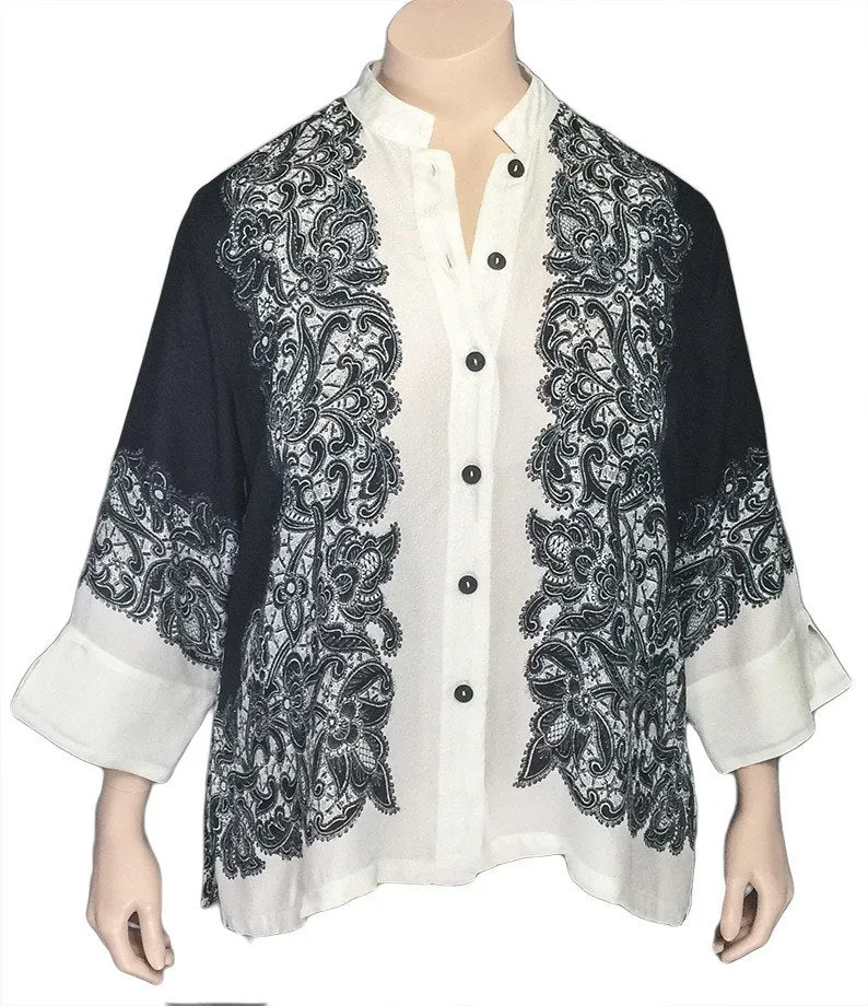 Dressori Black and White Silk Print Blouse