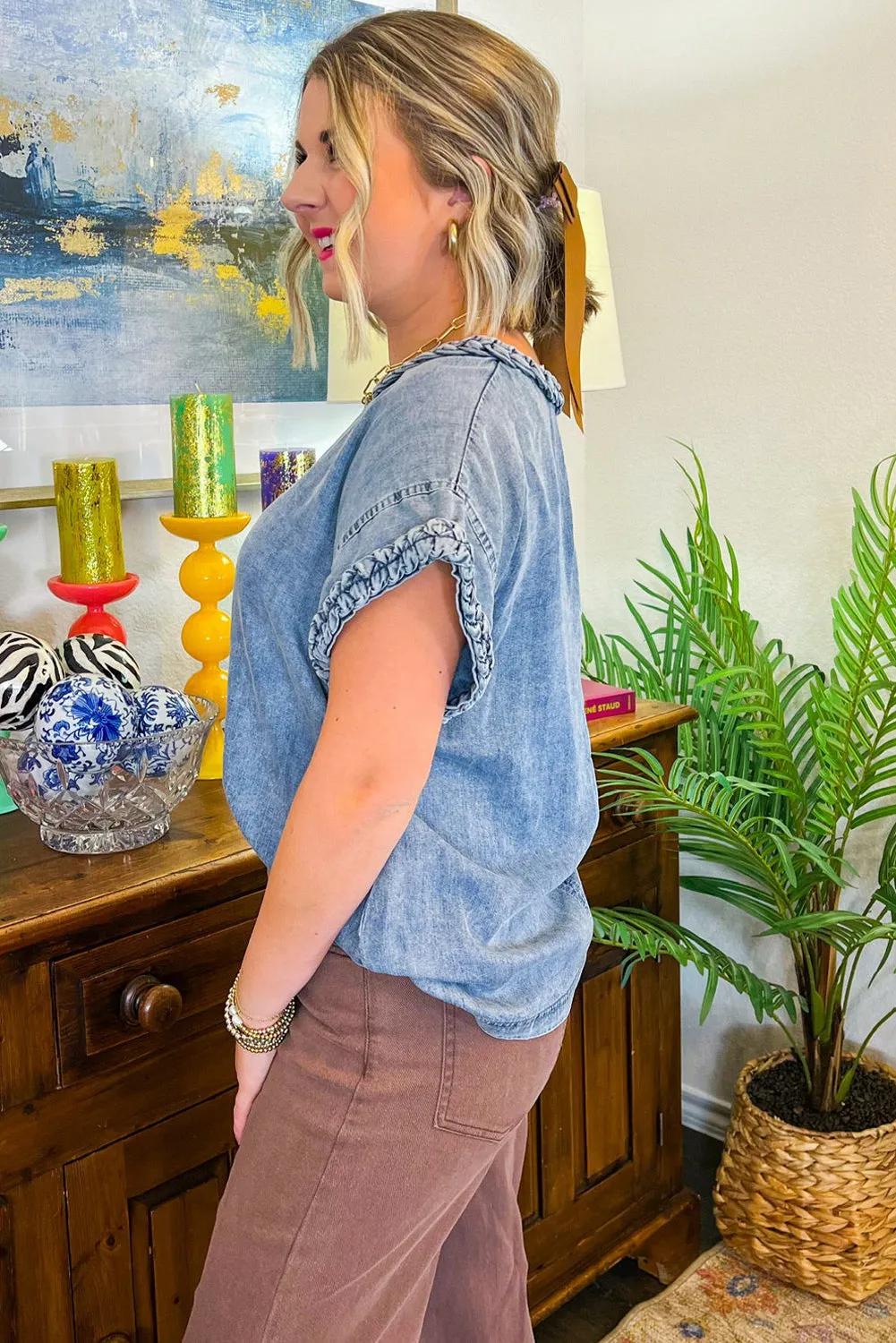 Dusk Blue Braided Edge Short Sleeve Round Neck Denim Blouse