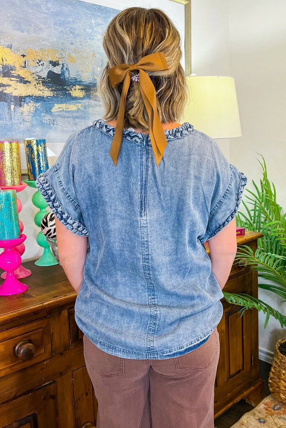 Dusk Blue Braided Edge Short Sleeve Round Neck Denim Blouse