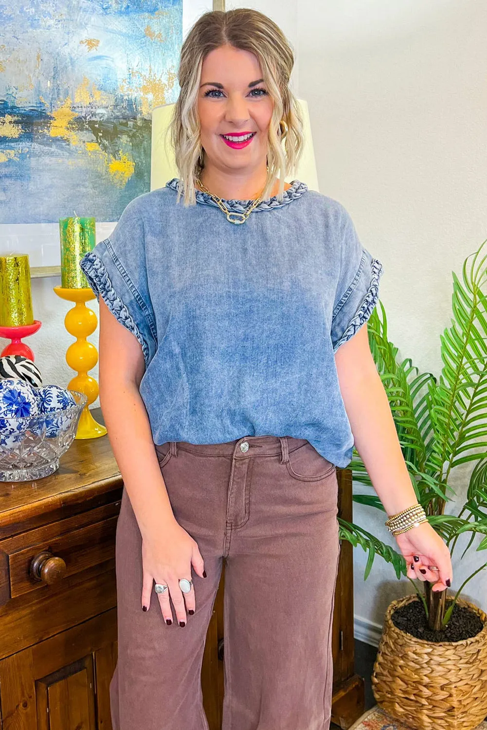 Dusk Blue Braided Edge Short Sleeve Round Neck Denim Blouse