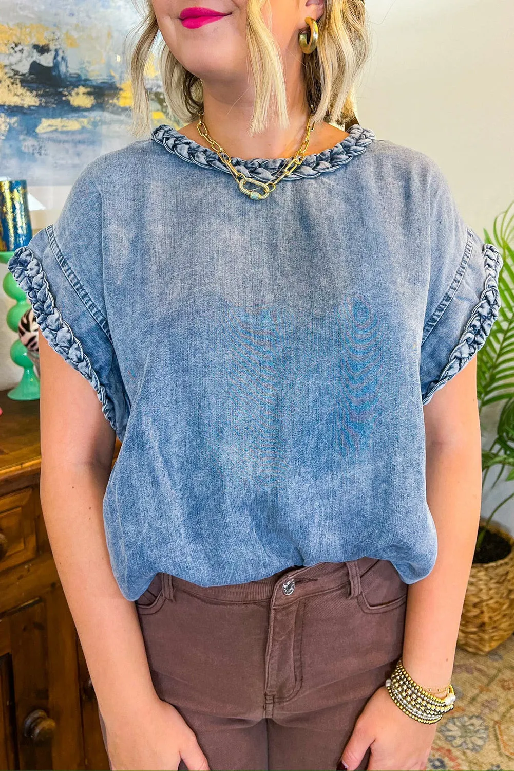 Dusk Blue Braided Edge Short Sleeve Round Neck Denim Blouse