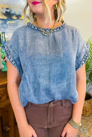 Dusk Blue Braided Edge Short Sleeve Round Neck Denim Blouse