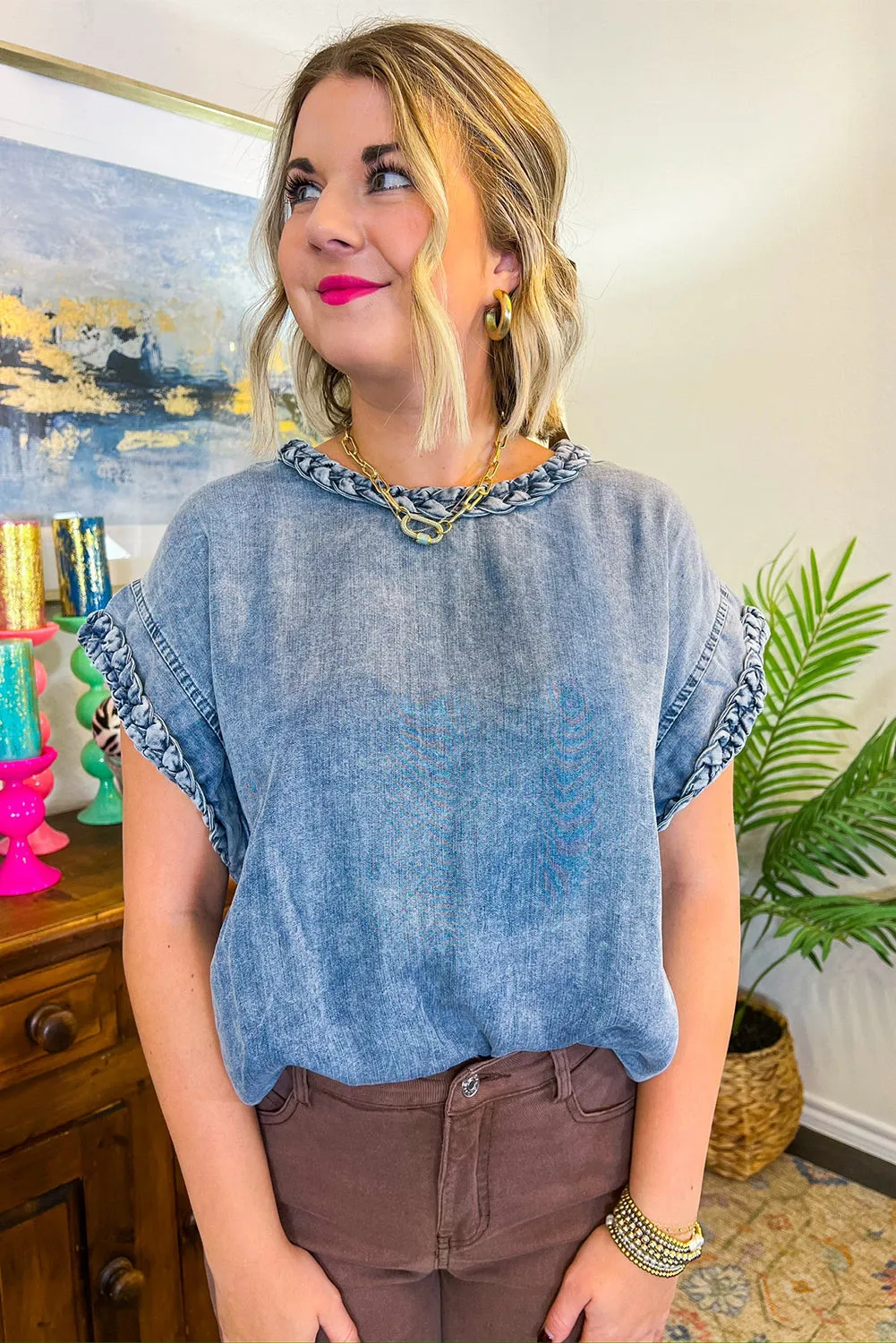 Dusk Blue Braided Edge Short Sleeve Round Neck Denim Blouse