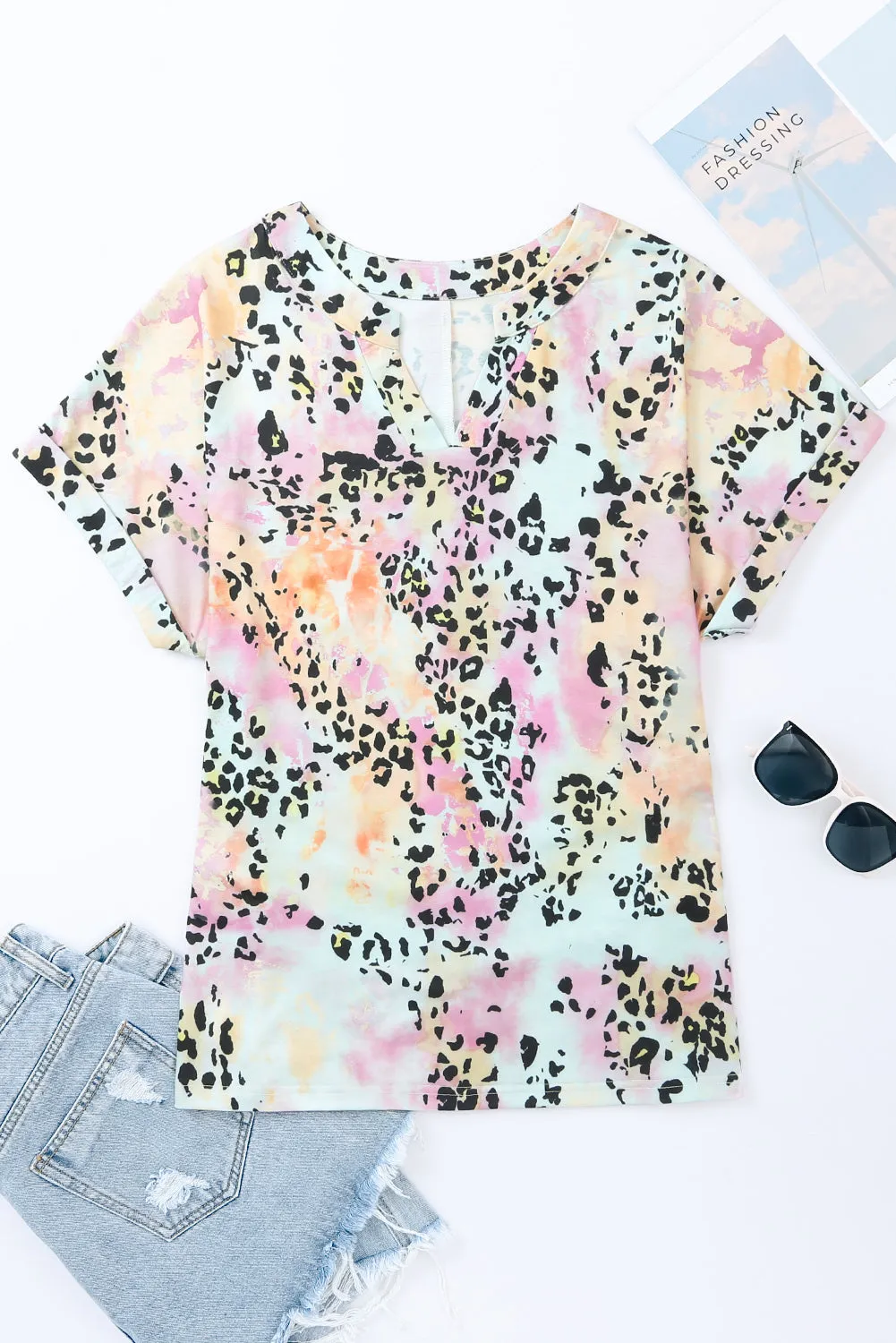 Dyed Notch V Neck Blouse