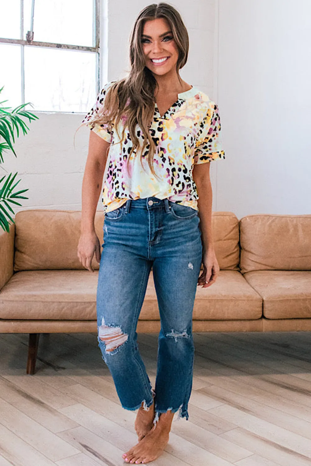 Dyed Notch V Neck Blouse