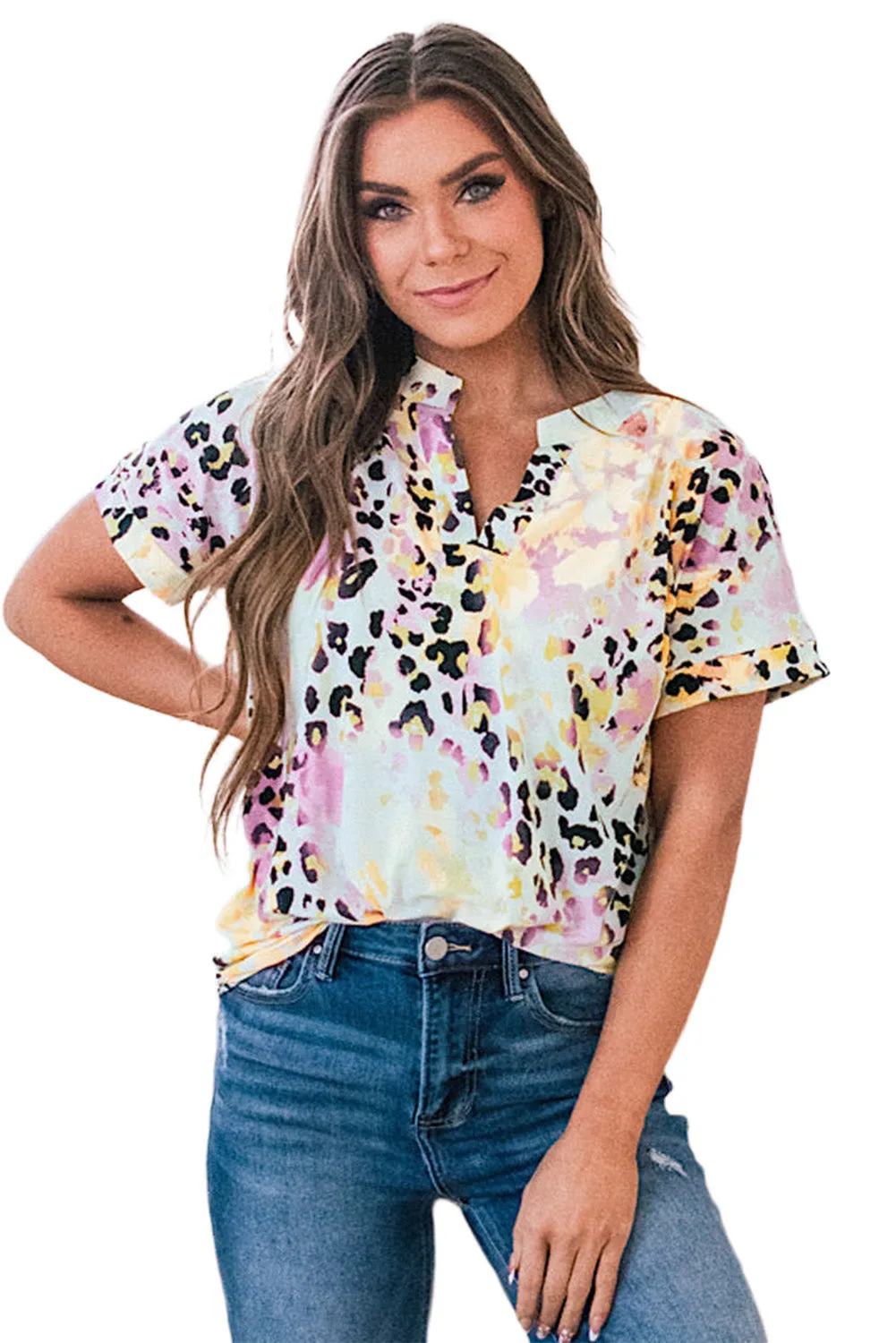Dyed Notch V Neck Blouse