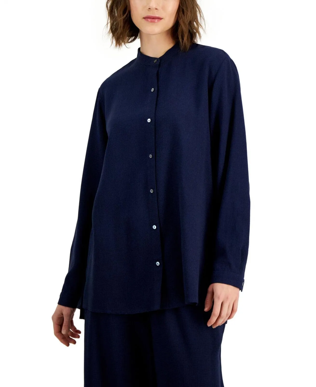 Eileen Fisher Women's Mandarin-Collar Mini-Check Shirt S3LVT-T5922M
