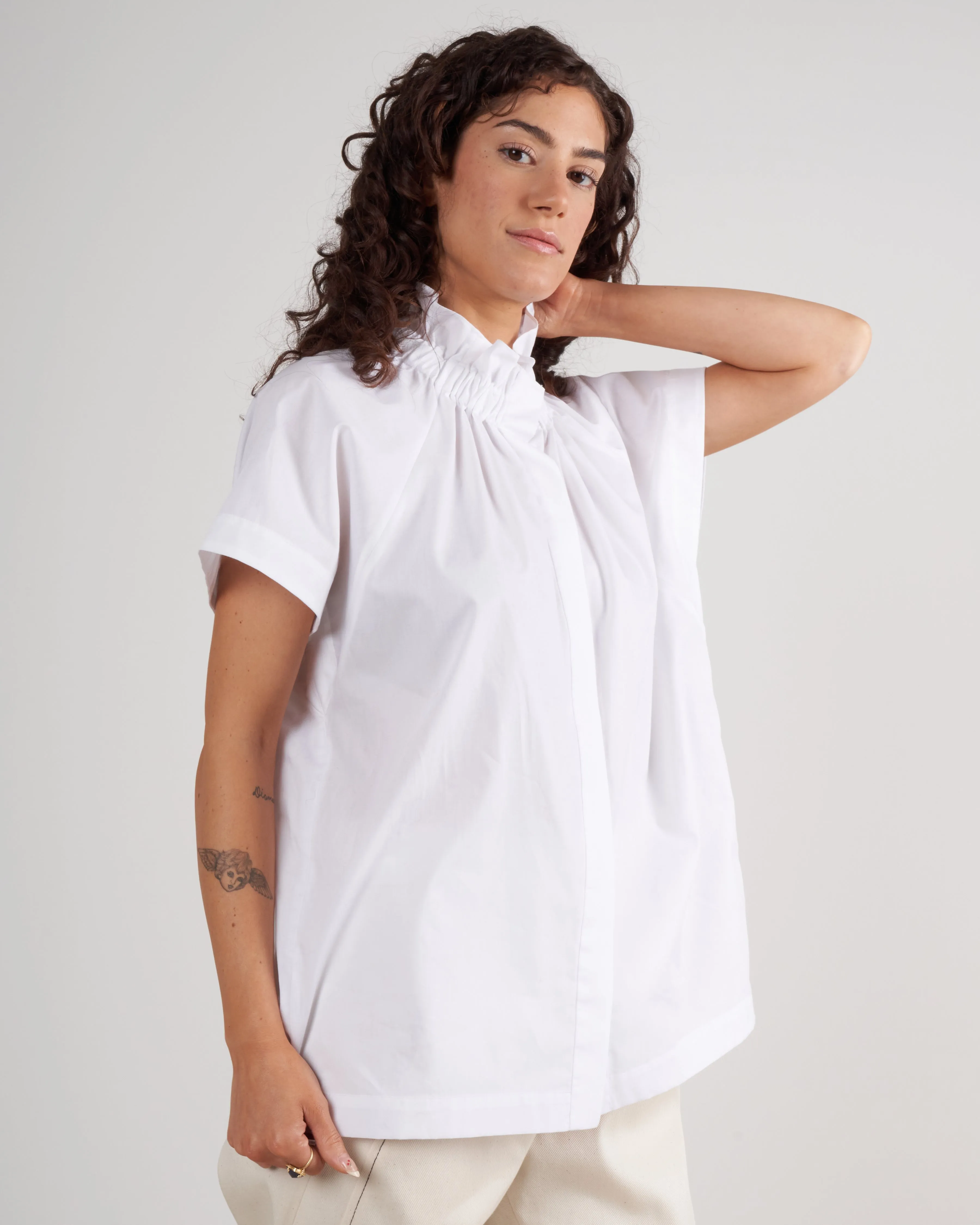 elastic gaban shirt - white cotton poplin