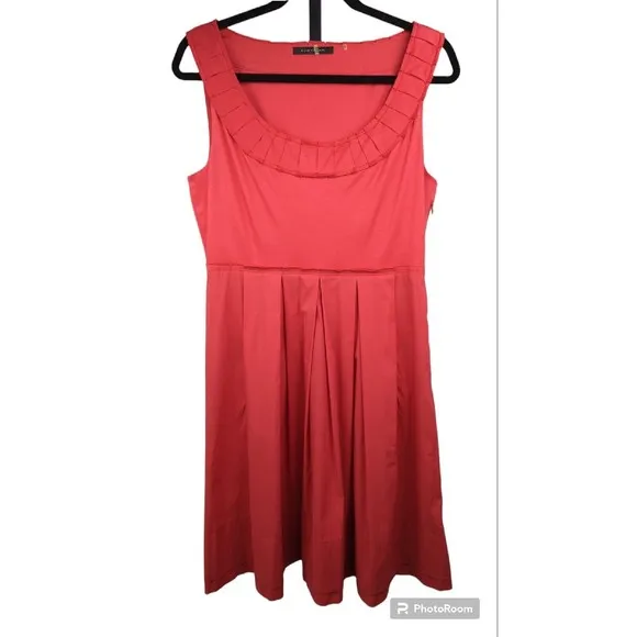 Elie Tahari Red Cotton Dress Fit Flare A-line Pleated Sundress Ribbon Nice M 10