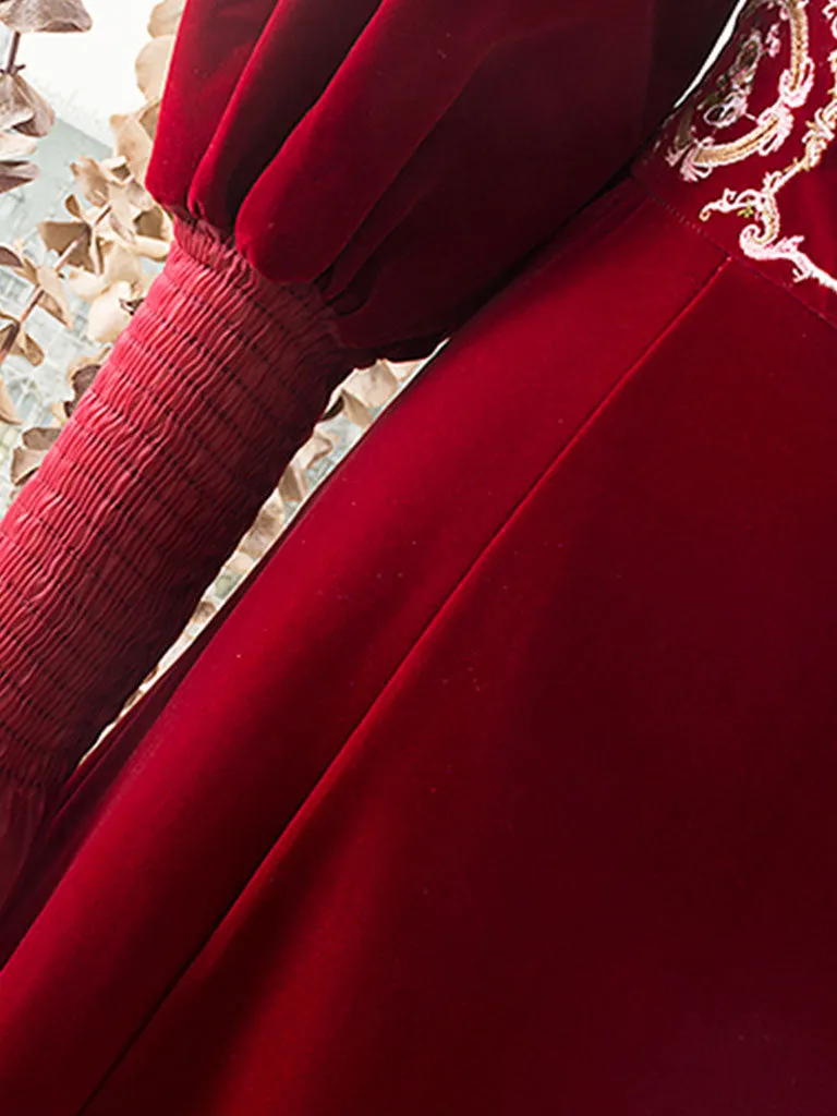 Embroidered Lantern Sleeve Vintage Little Red Dress
