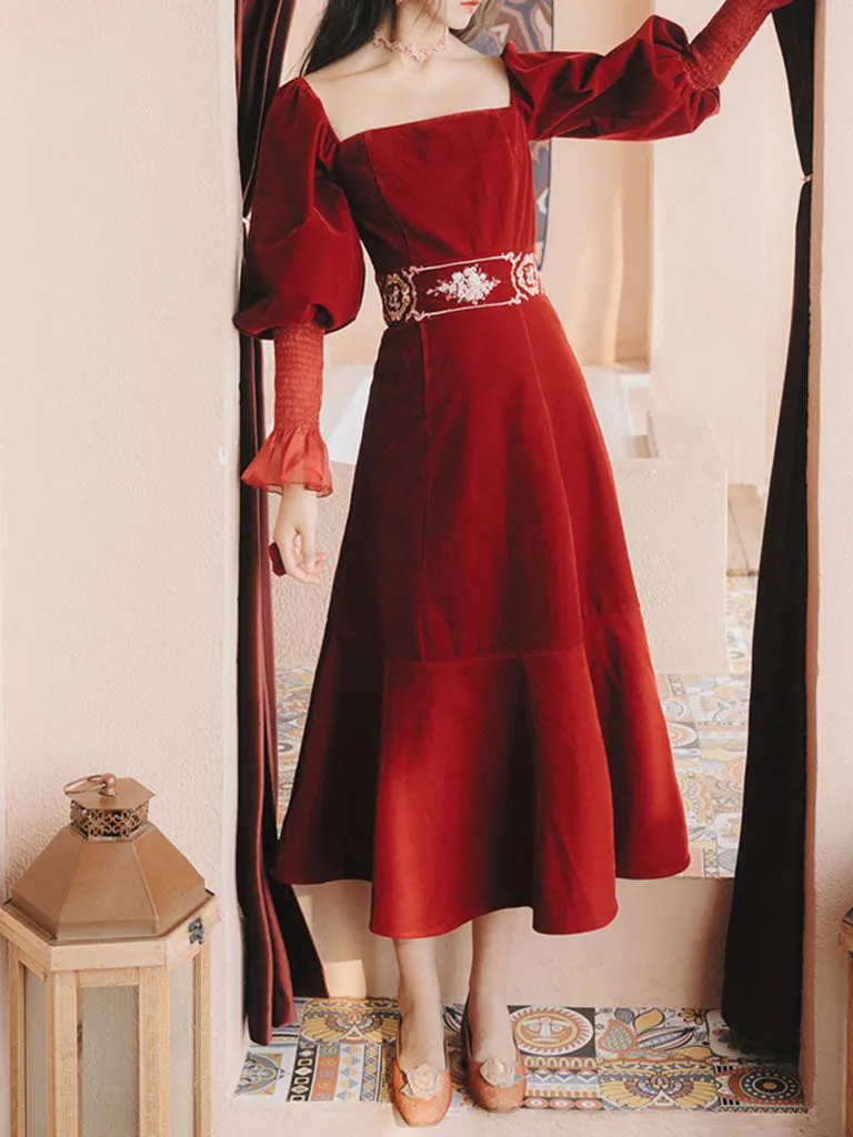 Embroidered Lantern Sleeve Vintage Little Red Dress