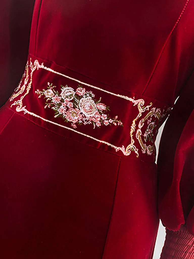 Embroidered Lantern Sleeve Vintage Little Red Dress