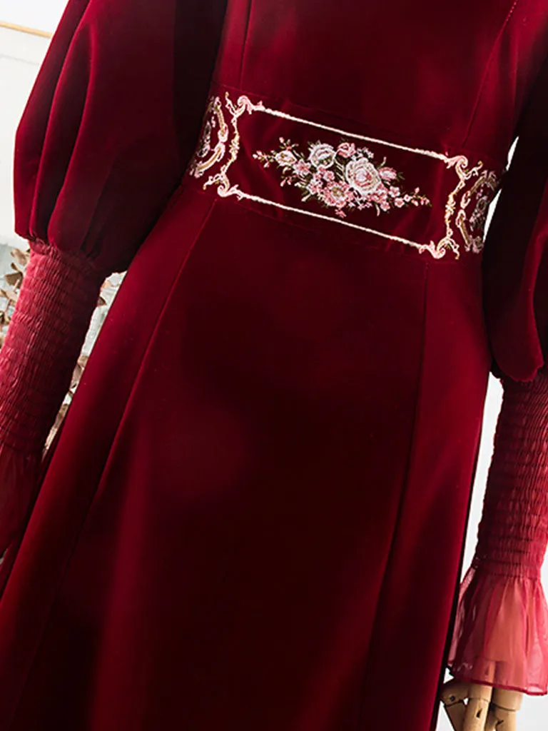 Embroidered Lantern Sleeve Vintage Little Red Dress