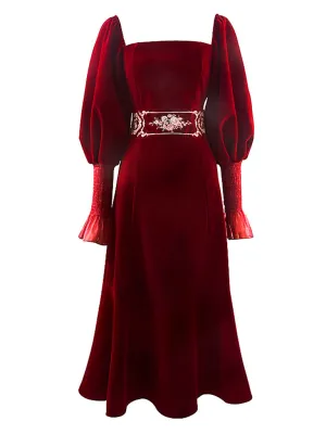 Embroidered Lantern Sleeve Vintage Little Red Dress