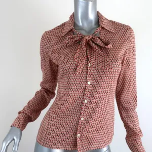 Equipment Blouse Beige/Red Printed Stretch Silk Size Small Tie Neck Shirt