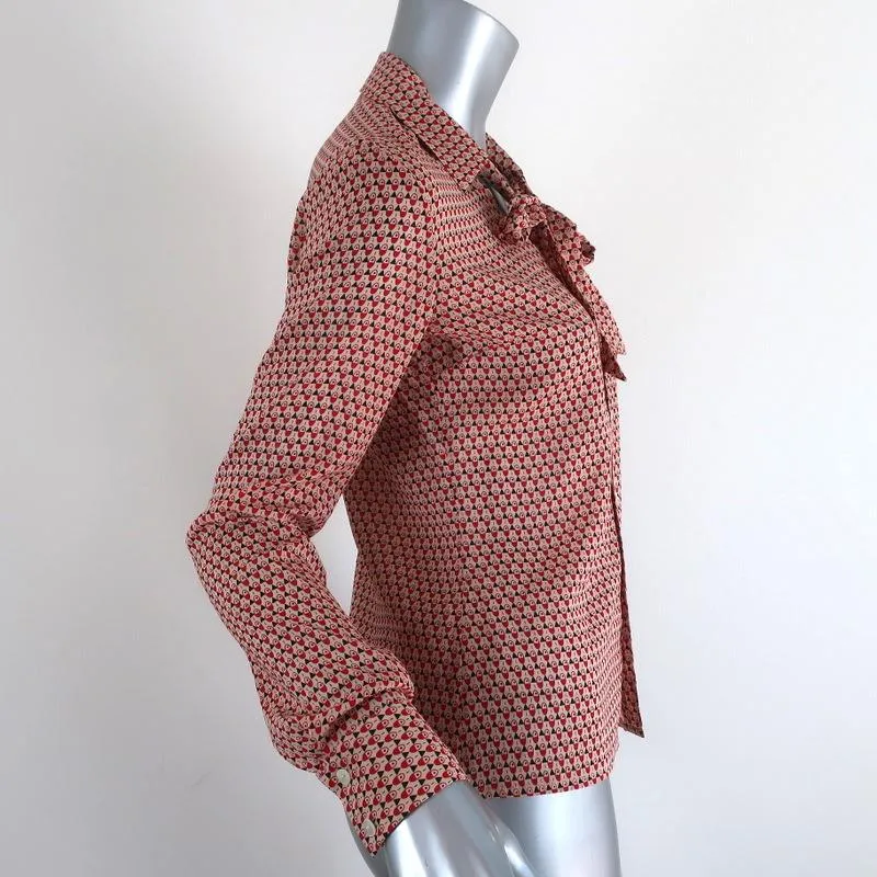 Equipment Blouse Beige/Red Printed Stretch Silk Size Small Tie Neck Shirt