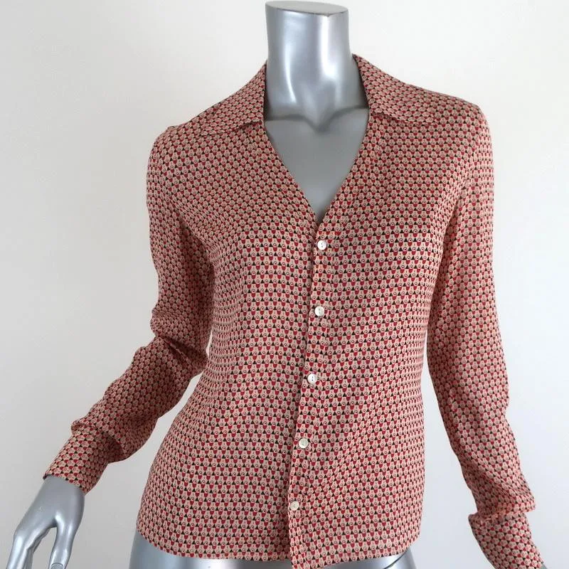 Equipment Blouse Beige/Red Printed Stretch Silk Size Small Tie Neck Shirt
