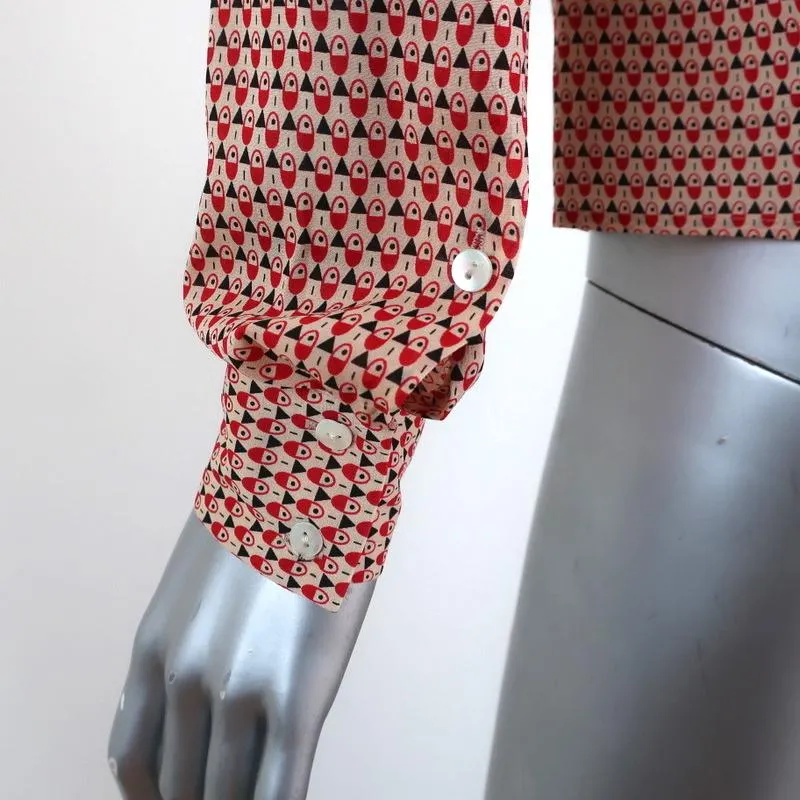 Equipment Blouse Beige/Red Printed Stretch Silk Size Small Tie Neck Shirt