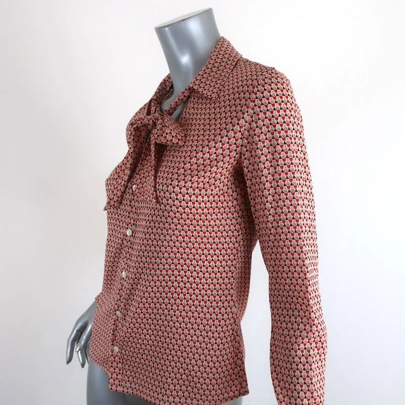 Equipment Blouse Beige/Red Printed Stretch Silk Size Small Tie Neck Shirt