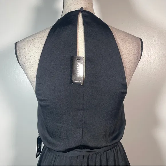 Express Black Asymmetric Ruffled A line High Neck Halter Sleeveless Dress XS