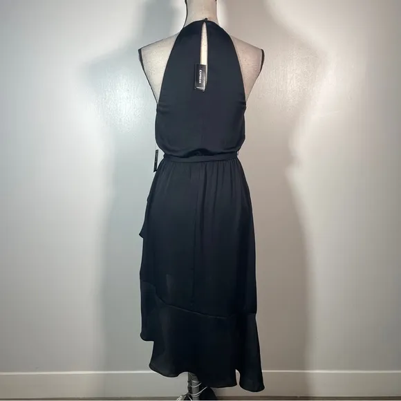 Express Black Asymmetric Ruffled A line High Neck Halter Sleeveless Dress XS