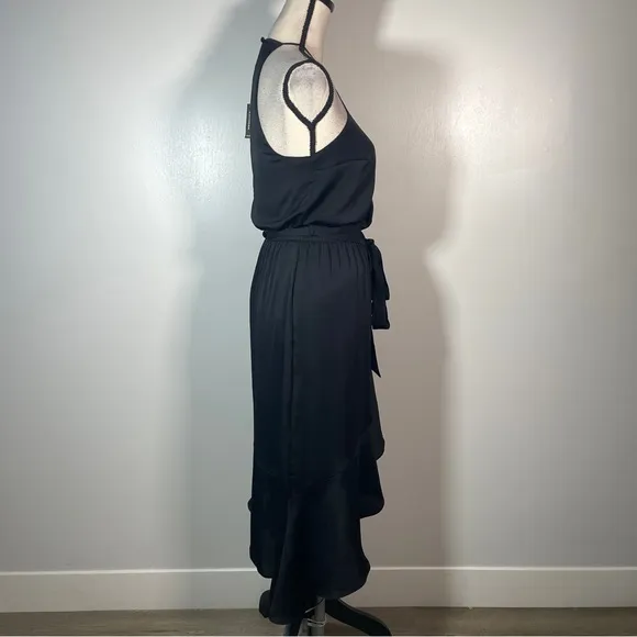 Express Black Asymmetric Ruffled A line High Neck Halter Sleeveless Dress XS