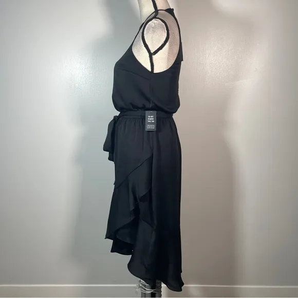 Express Black Asymmetric Ruffled A line High Neck Halter Sleeveless Dress XS