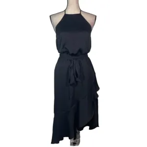 Express Black Asymmetric Ruffled A line High Neck Halter Sleeveless Dress XS