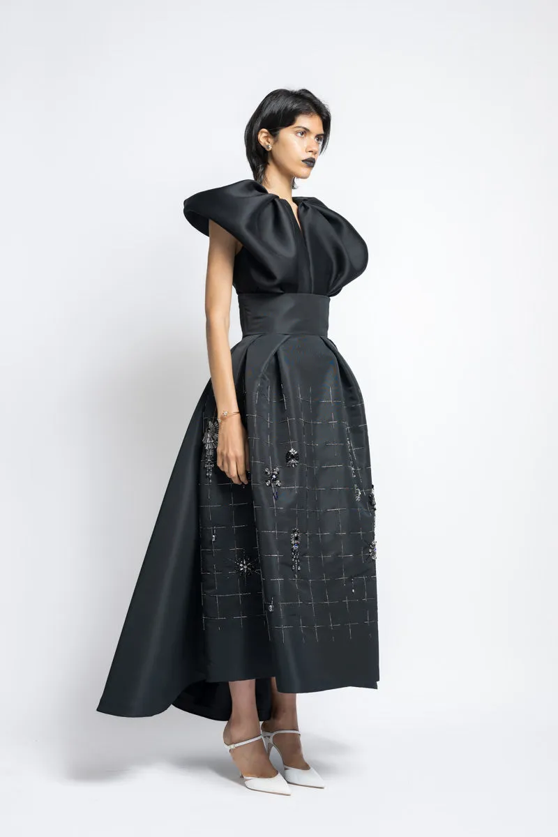 Faille Tulip Morning Glory Crystal Embroidery Evening Skirt With Swing Train