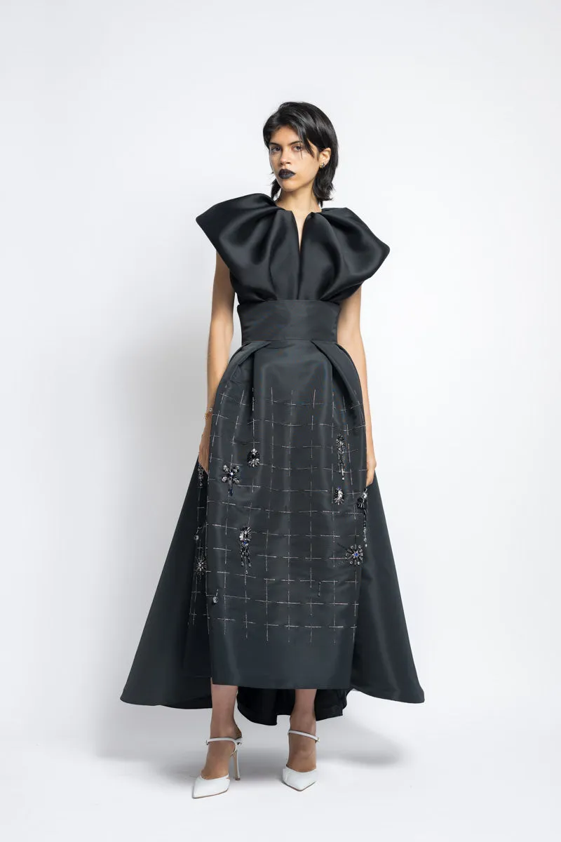 Faille Tulip Morning Glory Crystal Embroidery Evening Skirt With Swing Train